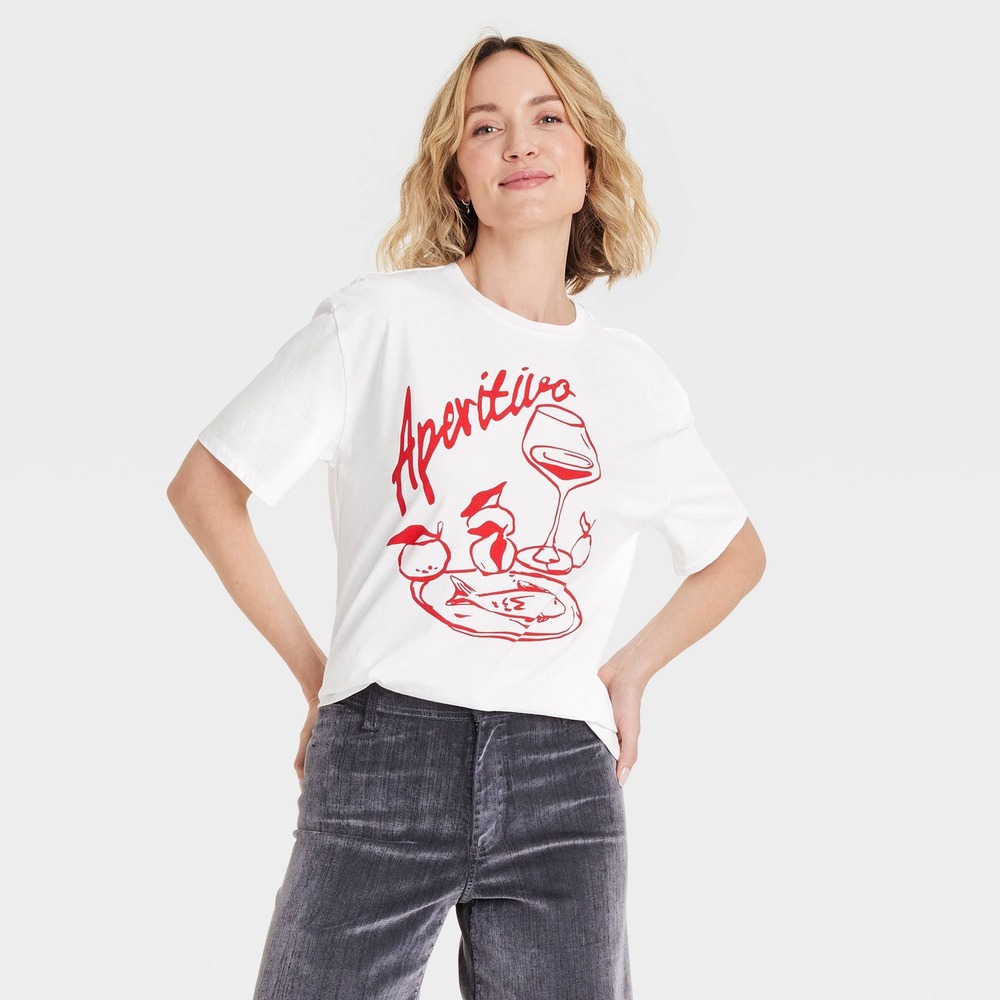 Universal Thread Womens Aperitivo Graphic T-Shirt‎ White Glass Size S oversized